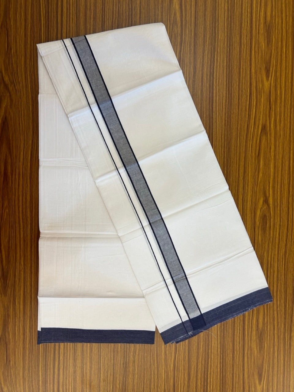 Single Pure white - Kaitharikada 100% Cotton 40s Thread Mundu / Dothi - 1 inch Navy Blue Stripes Kara (2 meters / 4 mulam) - 128 KK5258 THI