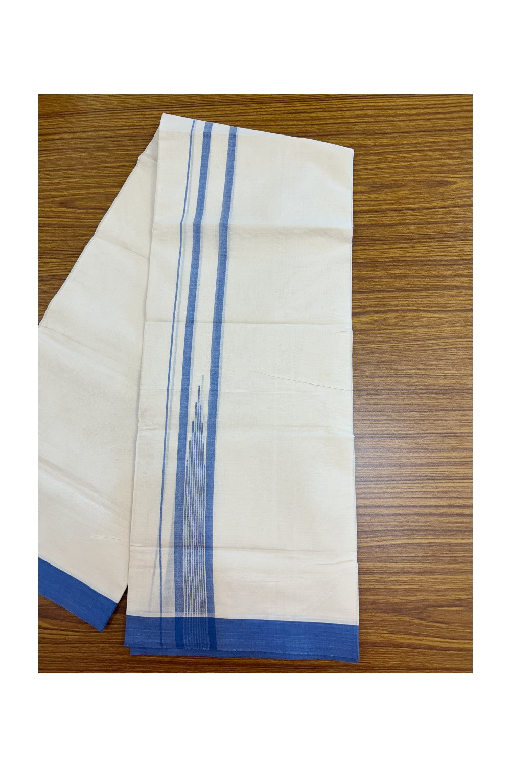 20% DISCOUNT! KaithariKada Balaramapuram 100% Cotton OFF WHITE Double (Unbleached) Mundu/Dhoti-100x80 - 1.75 inch Puliyilakkara Blue shaded Temple Chutty kara 4 mtr (8.5 muzham) - 128KK5220 THI