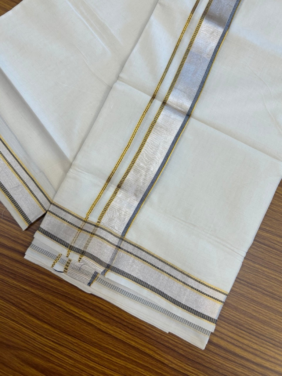 21% Discount! KaithariKada Balaramapuram 100% Cotton Off white Double Mundu/Dhoti - (100x100)S - 1.5 inch Black Silver Gold Kasav Kara - 4mtr (8.5muzham) - 128 KK5255 VAS