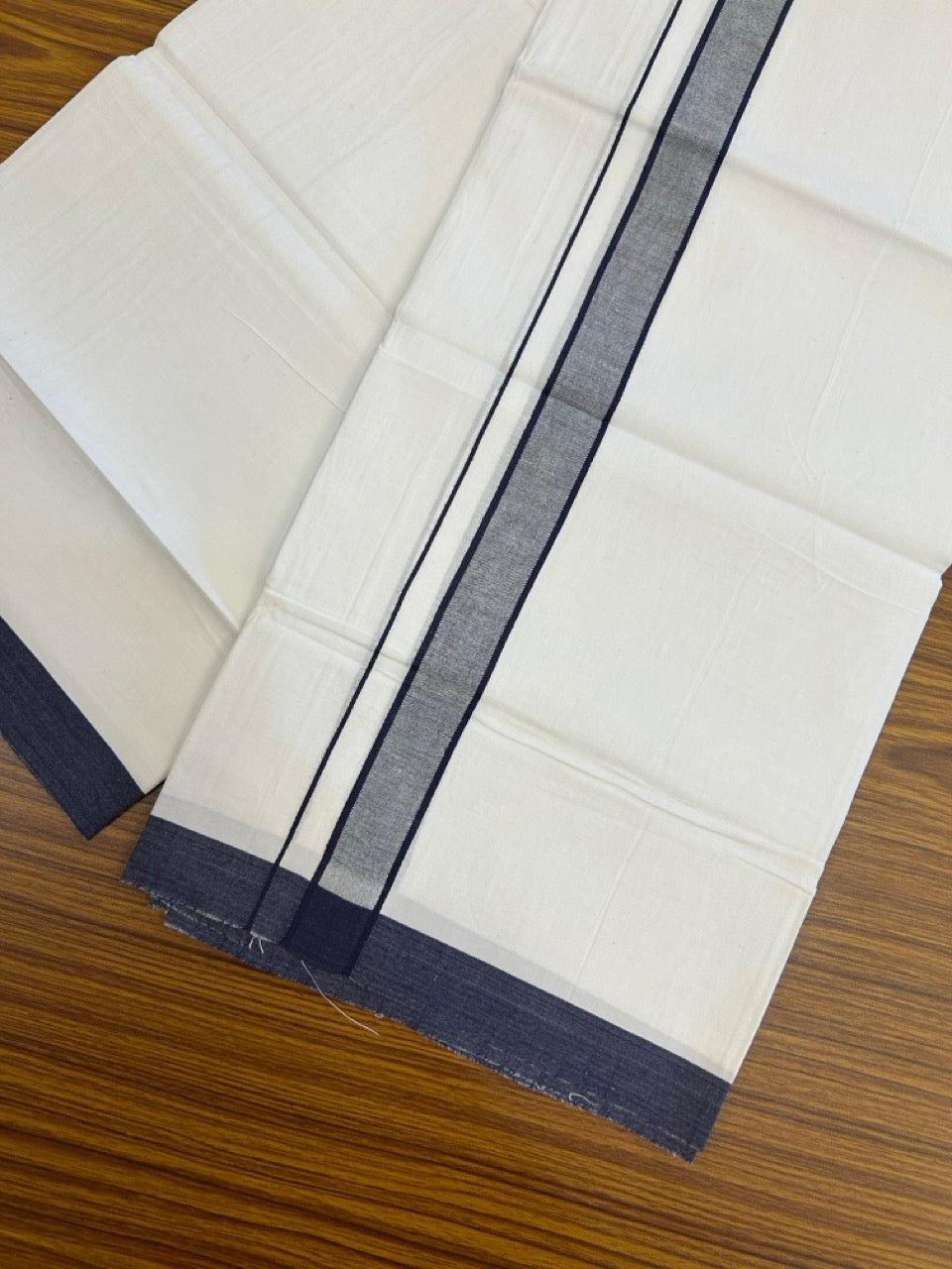 Single Pure white - Kaitharikada 100% Cotton 40s Thread Mundu / Dothi - 1 inch Navy Blue Stripes Kara (2 meters / 4 mulam) - 128 KK5258 THI