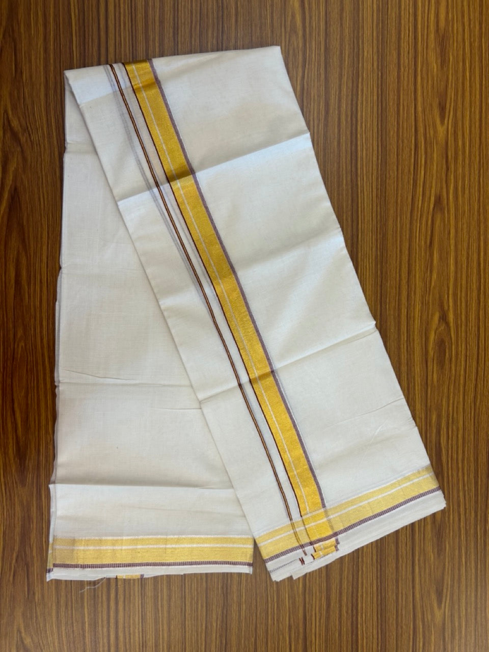 21% Discount! KaithariKada Balaramapuram 100% Cotton Off white Double Mundu/Dhoti - (100x100)S - 1.25 inch Maroon Silver Gold Kasav Kara - 4mtr (8.5muzham) - 129 KK5255 VAS