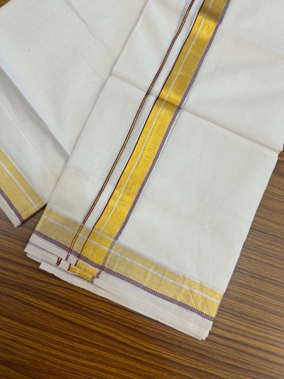 21% Discount! KaithariKada Balaramapuram 100% Cotton Off white Double Mundu/Dhoti - (100x100)S - 1.25 inch Maroon Silver Gold Kasav Kara - 4mtr (8.5muzham) - 129 KK5255 VAS