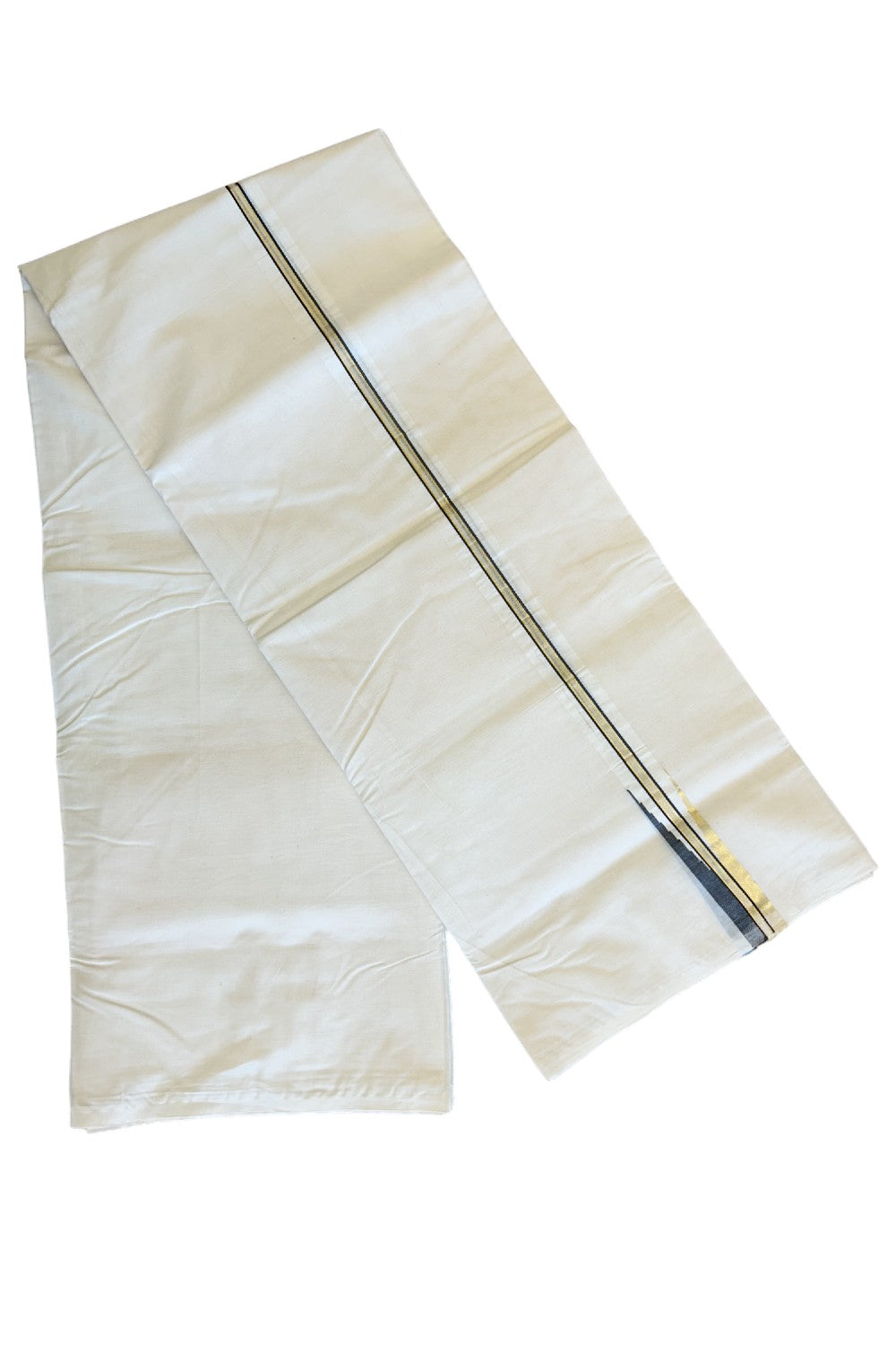 21% DISCOUNT! KaithariKada Balaramapuram 100% Cotton Double Off white - (Unbleached) Mundu/Dhoti-100x100 KASAVU & BLACK Chutty Puliyilakkara - 13KK136ASH