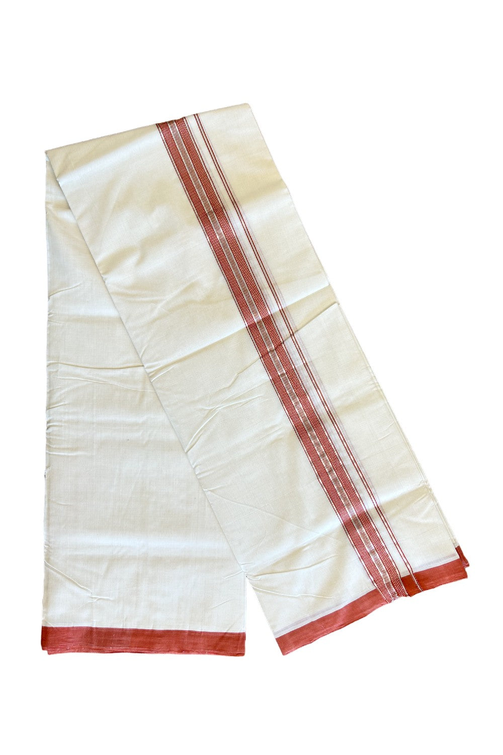 30% Discount!!! KaithariKada HANDLOOM UNAKKUPAAV Balaramapuram - 100% PURE Cotton off white (Unbleached) Double Mundu/Dhoti - 2 inch Brick red & silver kasavu pattern kara - 13KK458SOM