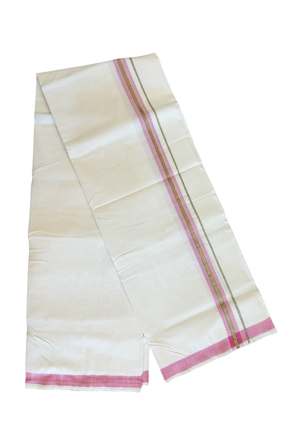 25% Discount KaithariKada 100% Cotton Balaramapuram HANDLOOM Single Mundu/Dhoti - Off White - (Unbleached) 1.5 inch Kasavu & Pink Striped Kara (2 meter / 4 muzham) - 13KK499KK