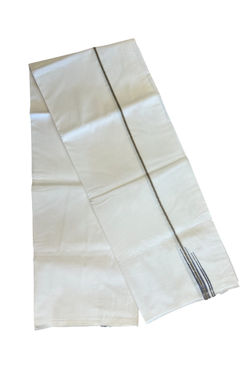 4% DISCOUNT!! KaithariKada Balaramapuram 100% Cotton PURE WHITE Single Mundu/Dhoti-100x100 1 cm Puliyilakkara MUTHUKKURI Silver & Navy Blue Double chutty (2 meter / 4 muzham) - 13KK5043ASH