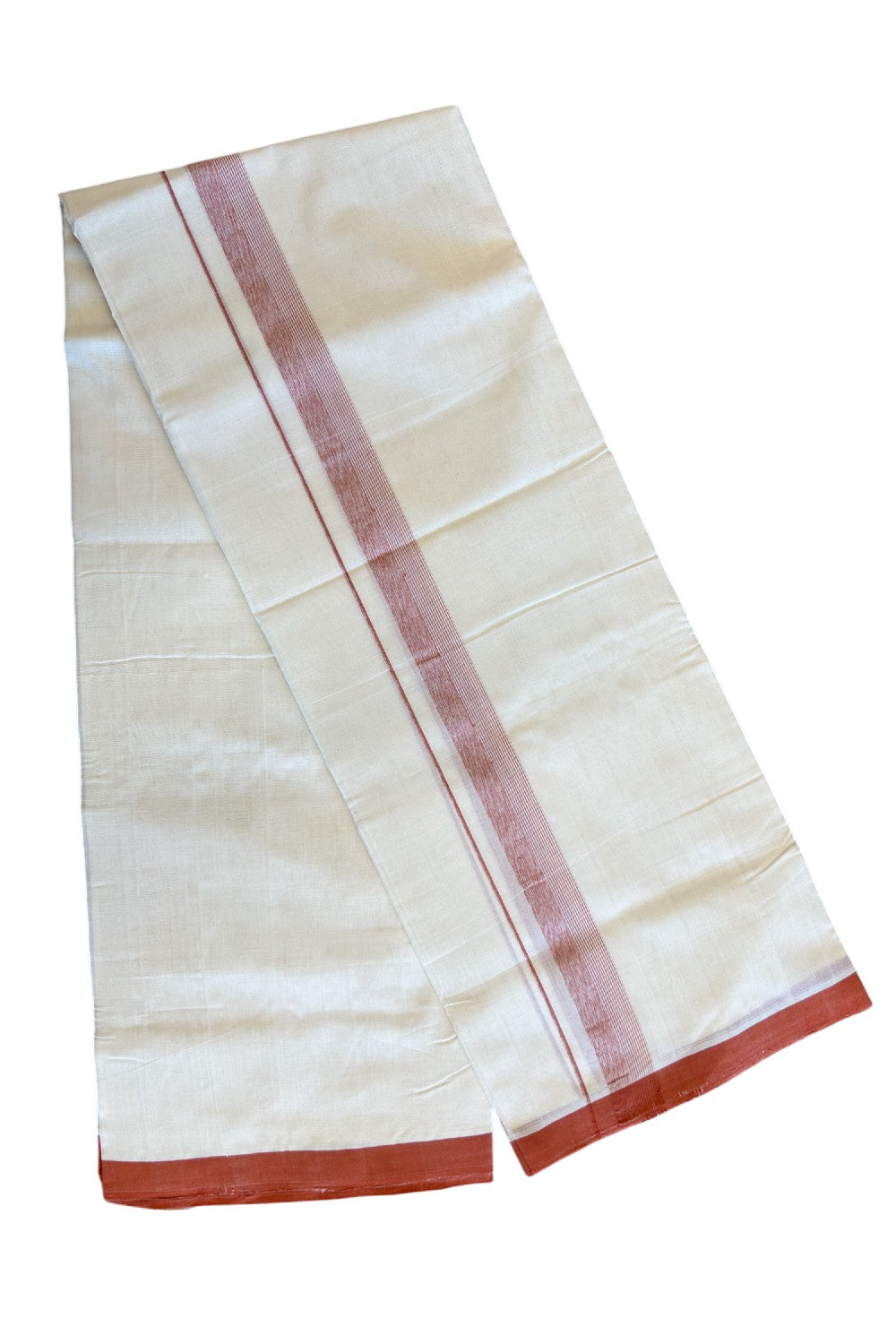 30% Discount KaithariKada HANDLOOM UNAKKUPAAV Balaramapuram - 100% PURE Cotton off White (Unbleached) Double Mundu/Dhoti - 2 inch Brick red Shaded stripes kara - 114