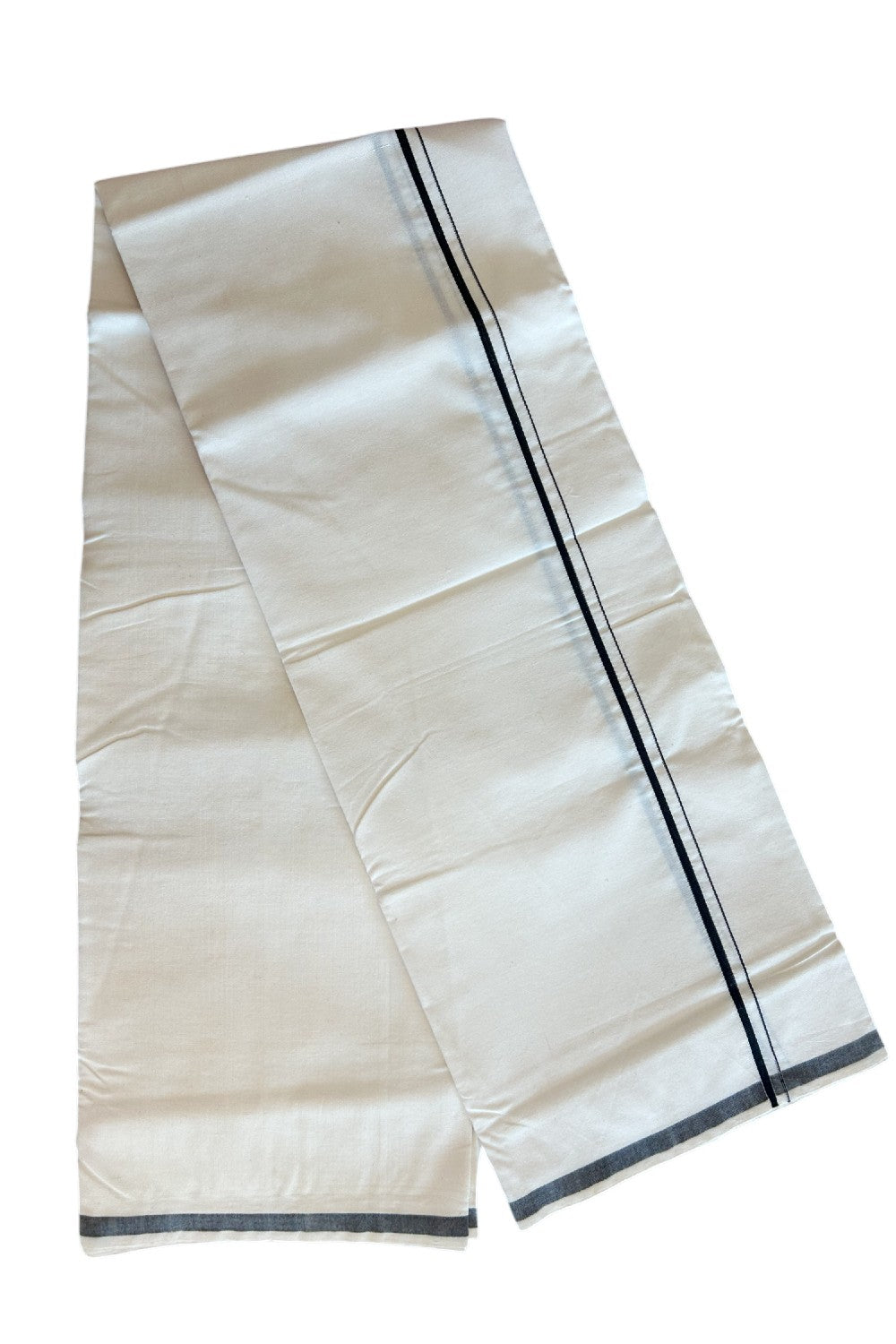 SIGNATURE KAITHARIKADA EXCLUSIVE SINGLE DHOTI - 25% DISCOUNT!! 100% Cotton Balaramapuram HANDLOOM Single Mundu/Dhoti - Off White - (Unbleached) 1.5 cm BLACK Kara (2 meter / 4 muzham)- 13KK5065KK