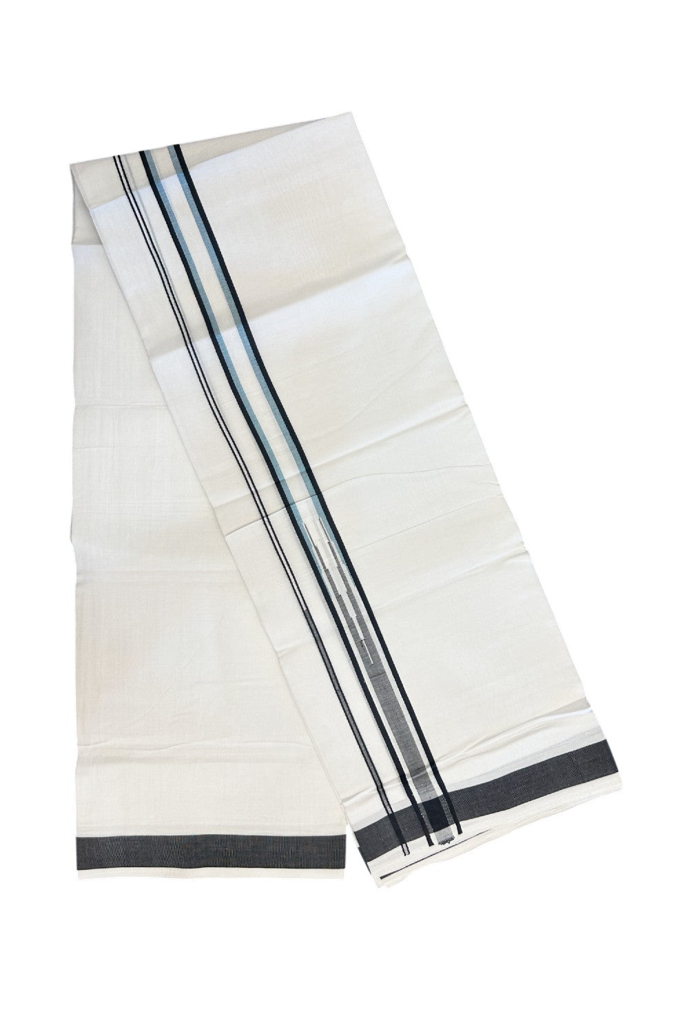 25% DISCOUNT! KaithariKada Balaramapuram 100% Mercerised Cotton Double ULTRA PURE white Mundu/Dhoti - 120x120 - 1 inch Heavy Chutty Black & Light Blue Green Shaded Kara -13KK5139THI