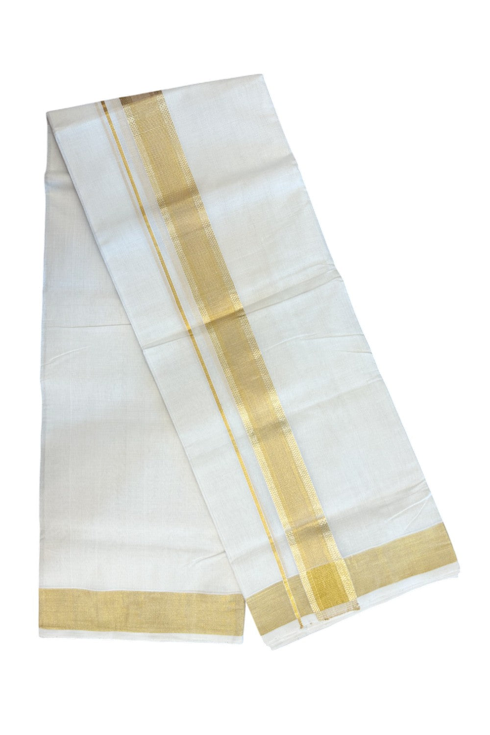 25% DISCOUNT!! KaithariKada HANDLOOM MILLPAAV Balaramapuram - 100% PURE Cotton OFF White - (Unbleached) Double Mundu/Dothi - 2 inch Gold Kasavu design Striped kara - 6KK5170RAM