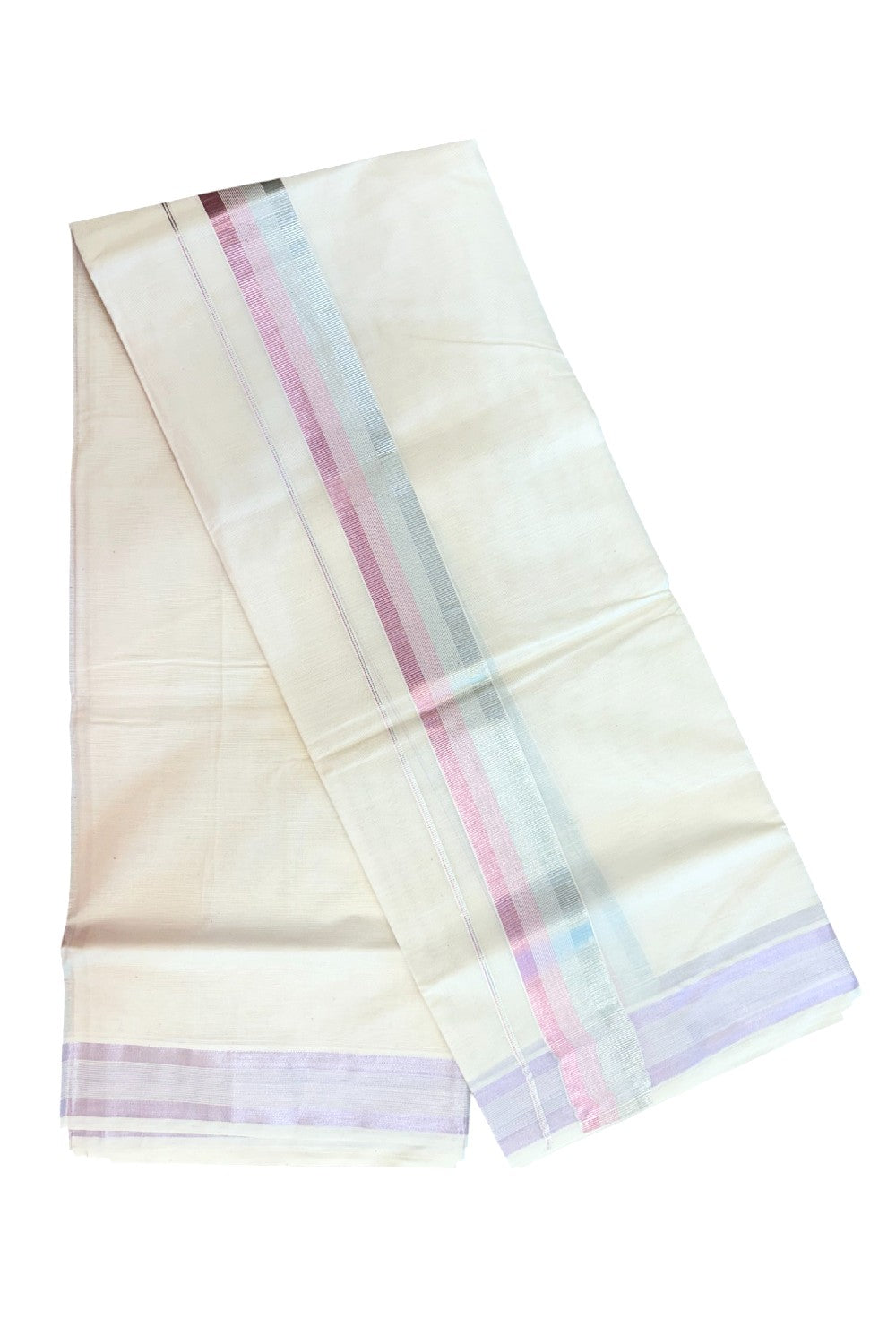 20% DISCOUNT!! KaithariKada Balaramapuram Pure Cotton DOUBLE OFF WHITE - (Ubleached) Mundu/Dhoti - 80x72 - 2 inch ROSE PINK SILVER Stripes Kara - 13KK5171GAN