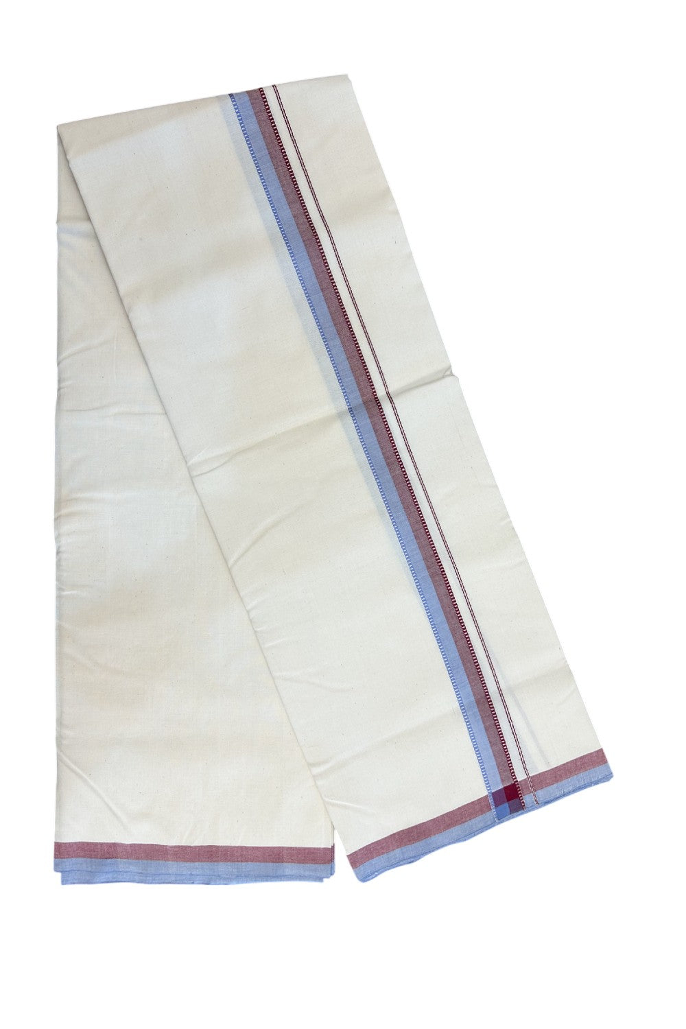 30%DISCOUNT!! SIGNATURE KAITHARIKADA EXCLUSIVE SINGLE DHOTI - 100% Cotton Balaramapuram HANDLOOM Single Mundu/Dhoti - Off White - (Unbleached) 1 inch Maroon Lavender & Silver Kasavu Kara (2 meter / 4 muzham)- 13KK5173KAI