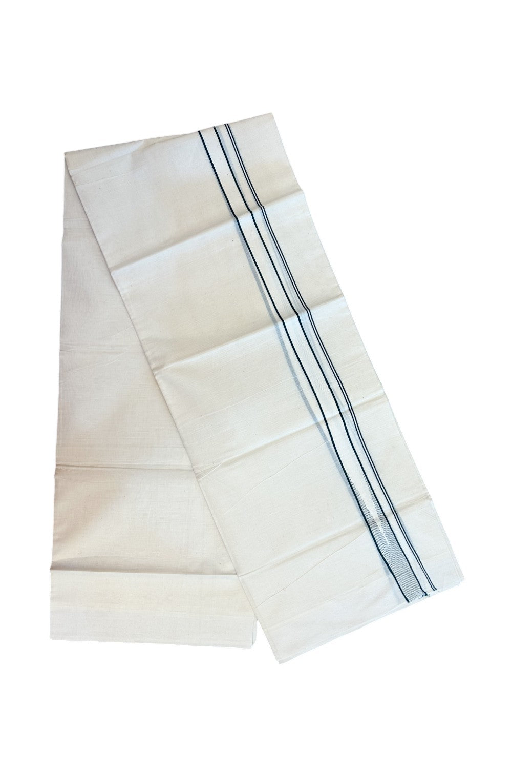 20% Discount ! Kaitharikada Balaramapuram 100% Cotton Double Off white (Unbleached) Mundu/Dhoti - 100x80 - 0.75 inch Dark Green Stripes Chutty Kara - 13KK5186CKS