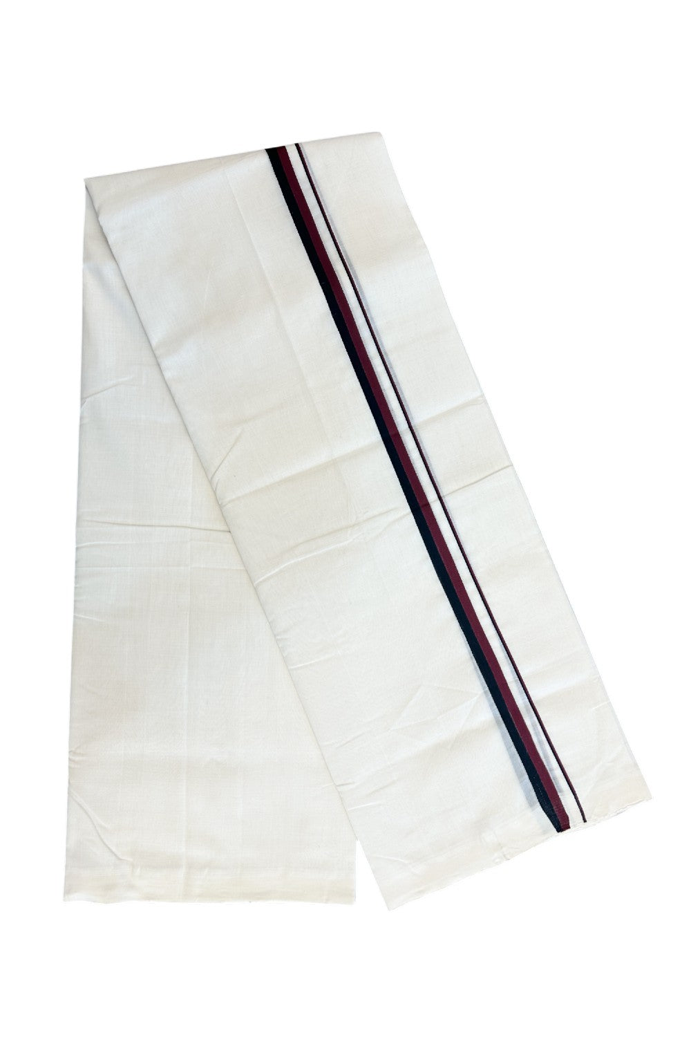 DMK Veshti - 25% Discount!!! KaithariKada HANDLOOM UNAKKUPAAV Balaramapuram - 100% PURE Cotton off white (Unbleached) Double Mundu/Dhoti -100 s warp x 80s weft - 0.75 inch Maroon & Black kara DMK - 13KK5200REA
