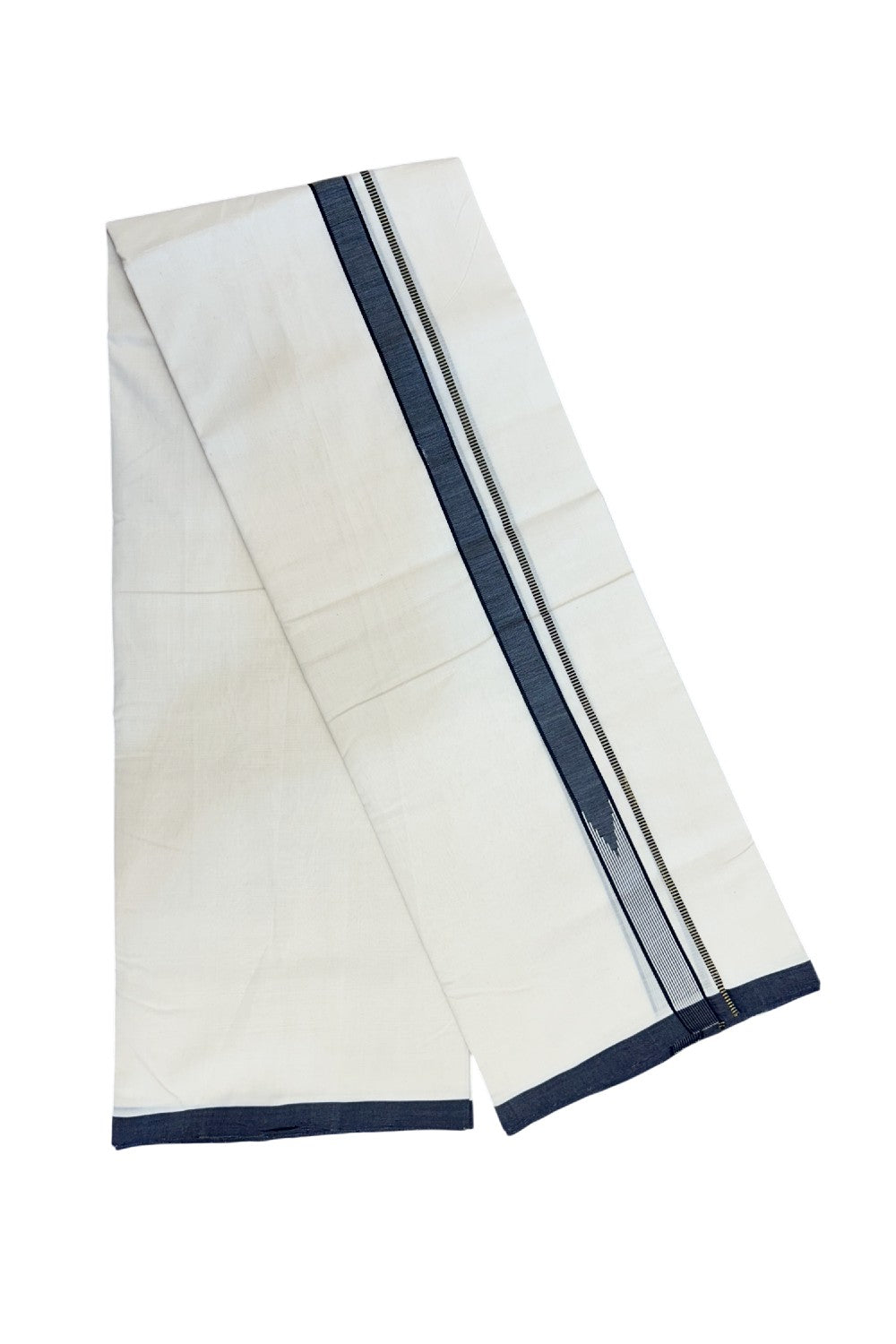 25% DISCOUNT!! KaithariKada HANDLOOM UNAKKUPAAV Balaramapuram - 100% PURE Cotton OFF White - (Unbleached) Double Mundu/Dothi - 80X100 - 1 inch Gold Kasavu Puliyilakkara Navy blue & White striped chutty 3.80 meter (8.5 Muzham) - 13KK5209 REA