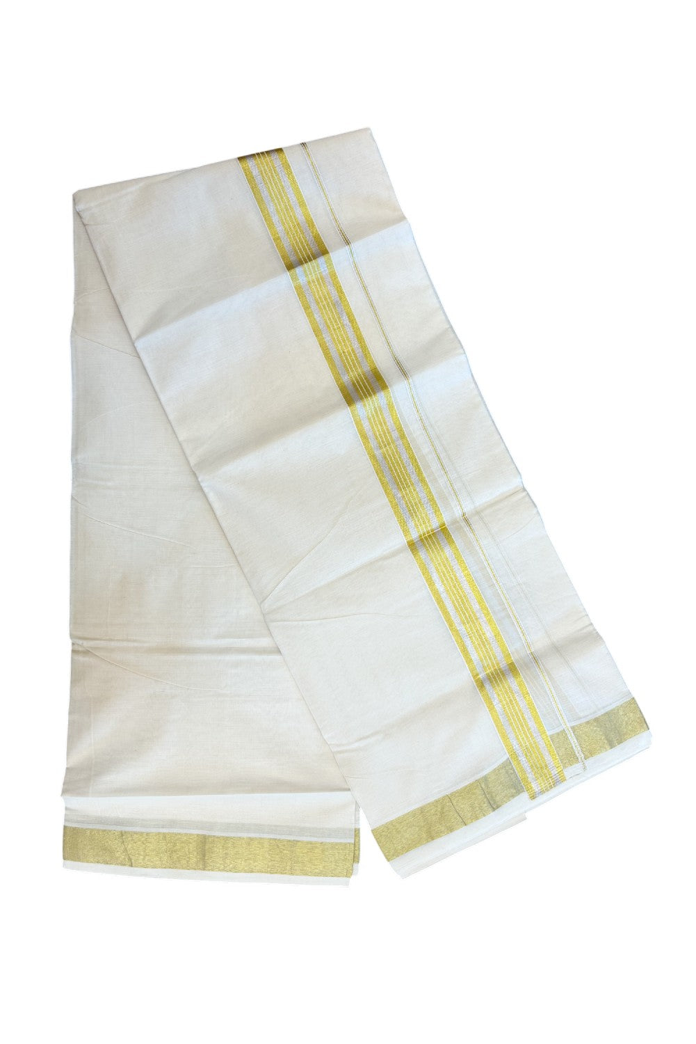 20% DISCOUNT ! KaithariKada Balaramapuram - 100% PURE Cotton Off White - (Unbleached) Double Mundu/Dhoti - 100X80 - 1.5 inch Gold Kasavu & Silver Kasavu Striped Kara - 13KK5212 VIN