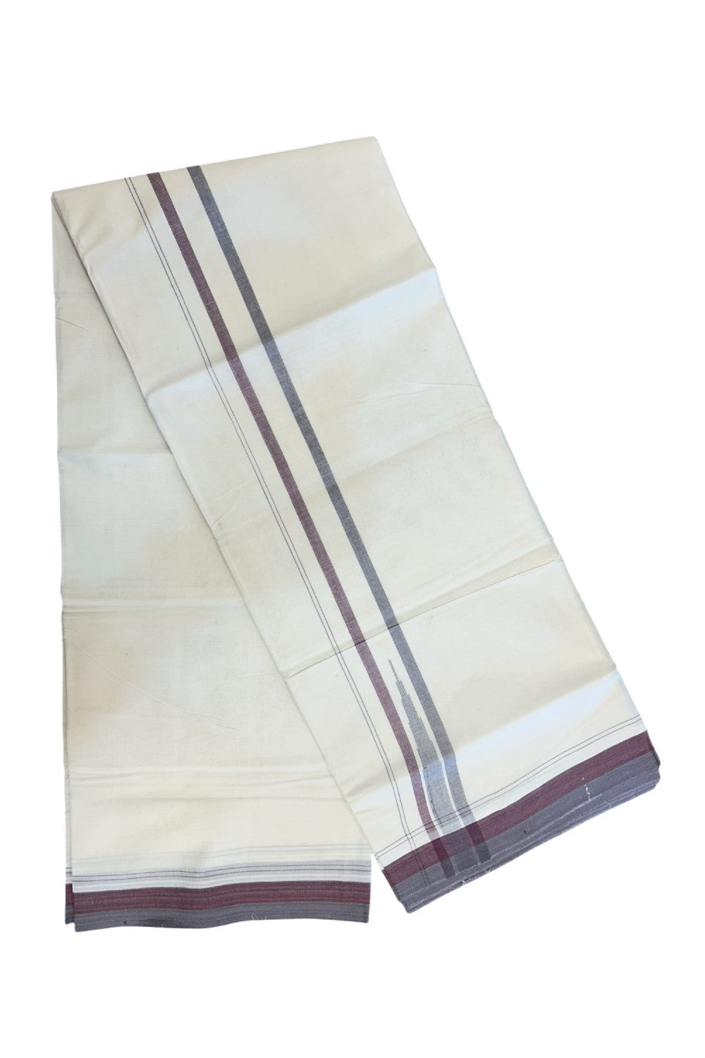 20% Discount!!! KaithariKada Balaramapuram Double OFF WHITE - (Unbleached) Mundu/Dhoti - 100x80 - 1.75 inch Purple Ash & Grape Vine Shaded Puliyilakkara Striped Chutty - 13KK5213 VIN