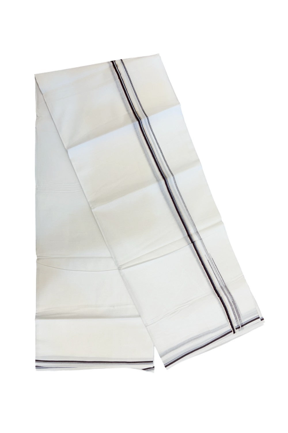 20% Discount !! Kaitharikada Balaramapuram 100% Cotton PURE WHITE DOUBLE Mundu/Dothi- 100X80 - 0.25 inch Silver Kasavu Wine Marron & Navy Blue Design Chutty Kara - 13KK5217 CKS