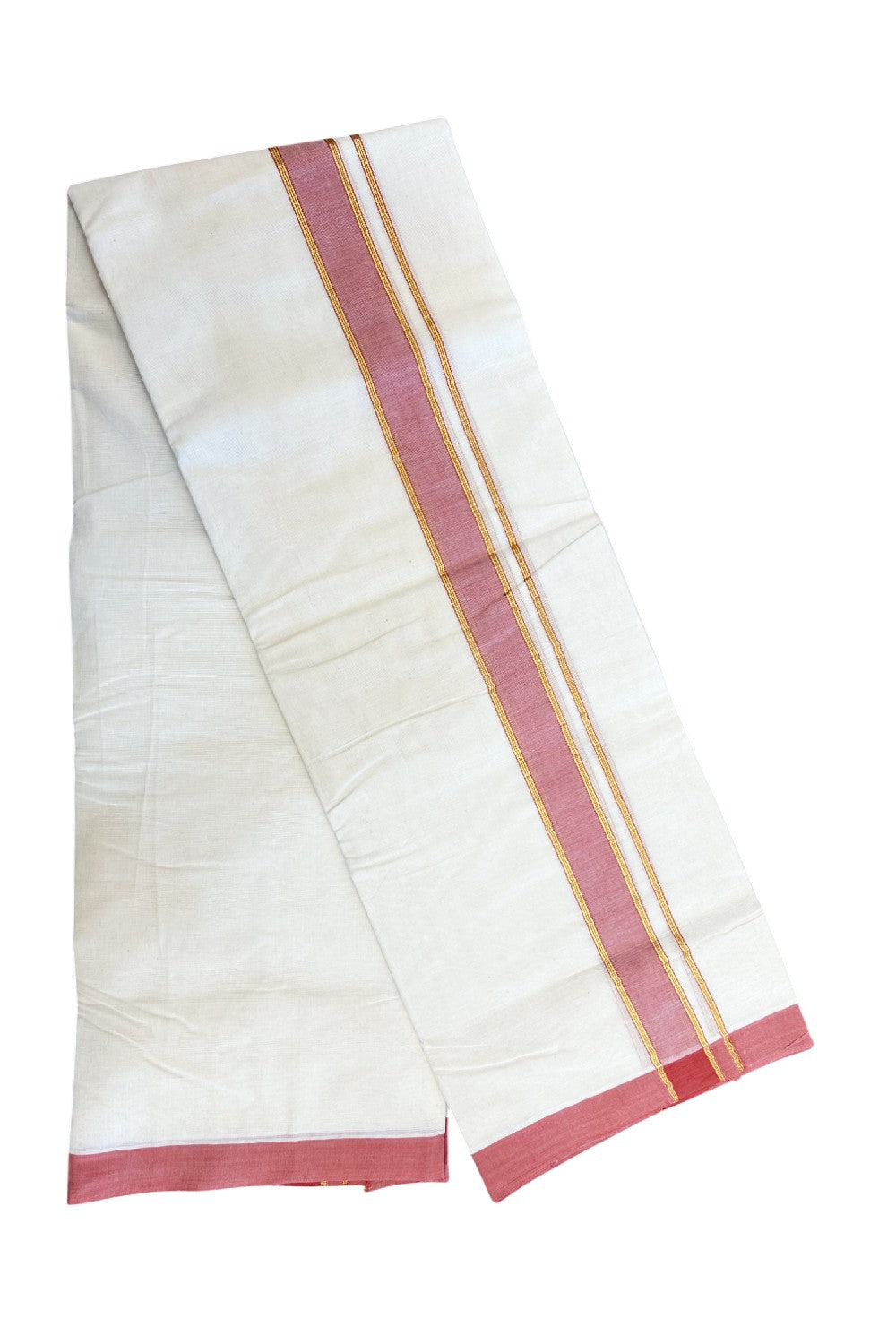 NEW !! 20% DISCOUNT!! KaithariKada Balaramapuram 100% Cotton Double Off white - (Unbleached) Mundu/Dhoti-100x80 - 1.5 inch Gold Kasavu & Brick Red Shaded Striped KARA - 3.75 mtr (8 Muzham) - 13KK5218 ASH