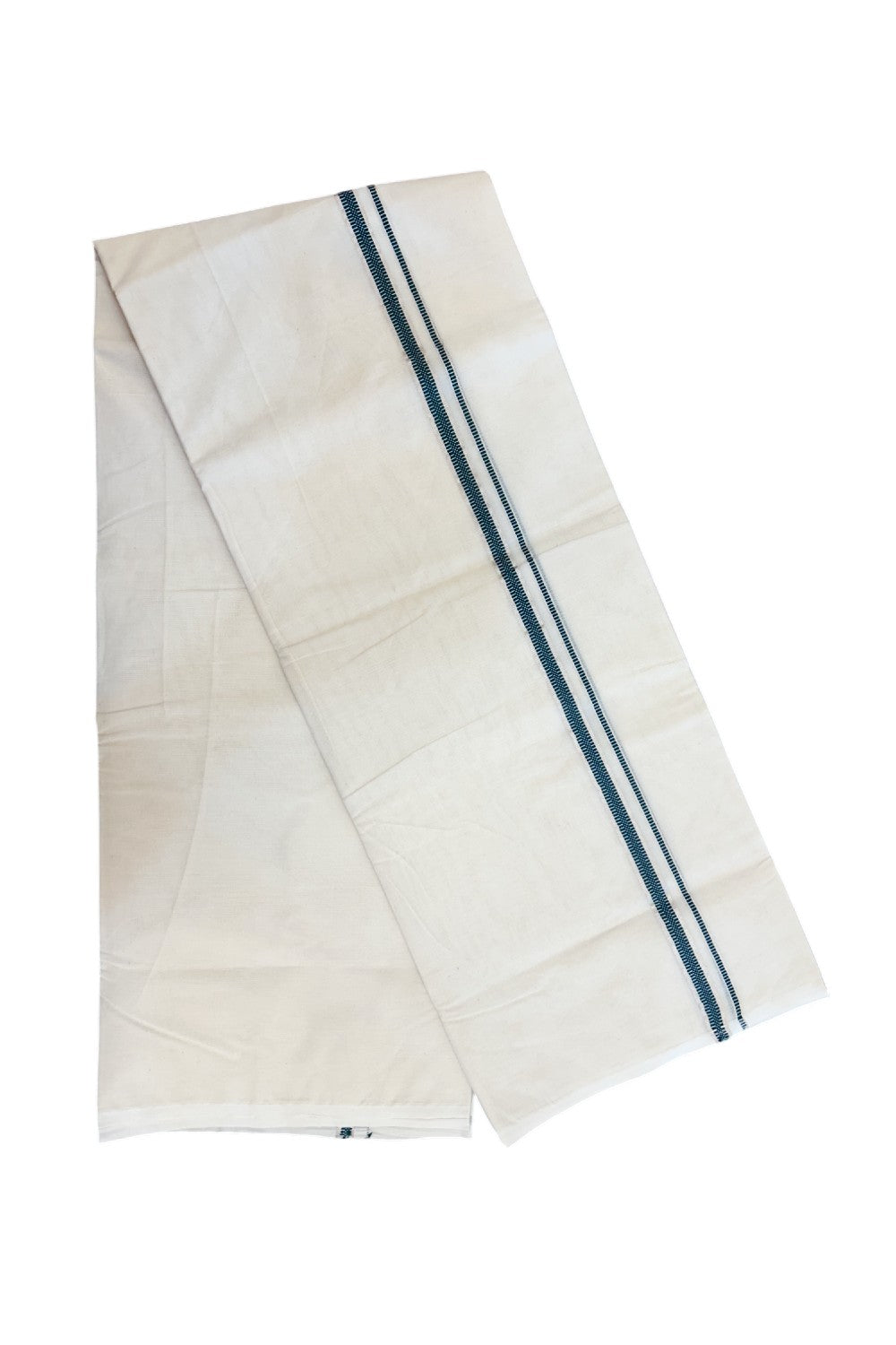 20% Discount KaithariKada Balaramapuram 100% Cotton Double Off white - (Unbleached) - Mundu/Dhoti - 100x100 - 1.5 cm Silver Kasav & Green Design Kara - 13KK5226 ASH