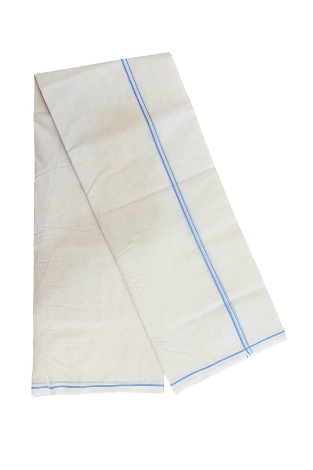 20% DISCOUNT! KaithariKada Balaramapuram 100% Cotton Double Off white - (Unbleached) - Mundu/Dhoti-100x100 - 0.3 cm Light Blue Thin Kara - 13KK5228 ASH