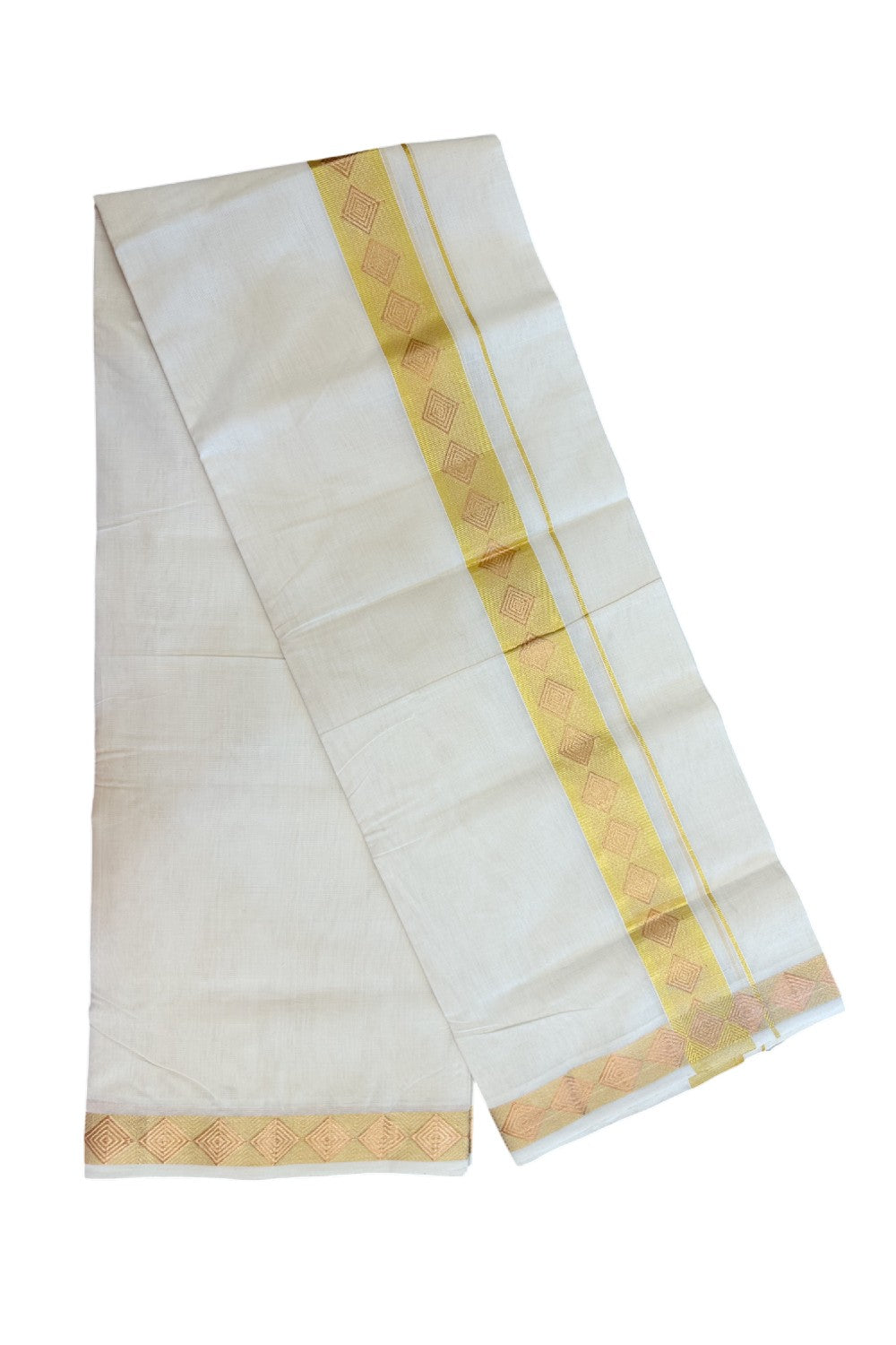 25% DISCOUNT ! KaithariKada HANDLOOM Unakkupaav Balaramapuram - 100% PURE Cotton OFF WHITE - (Unbleached) Double Mundu/Dhoti - 80x90 - 1.75 inch Gold Kasavu & Copper Jacquard Design Kara 4 mtr (8.5 Muzham) - 12KK5231 ABH