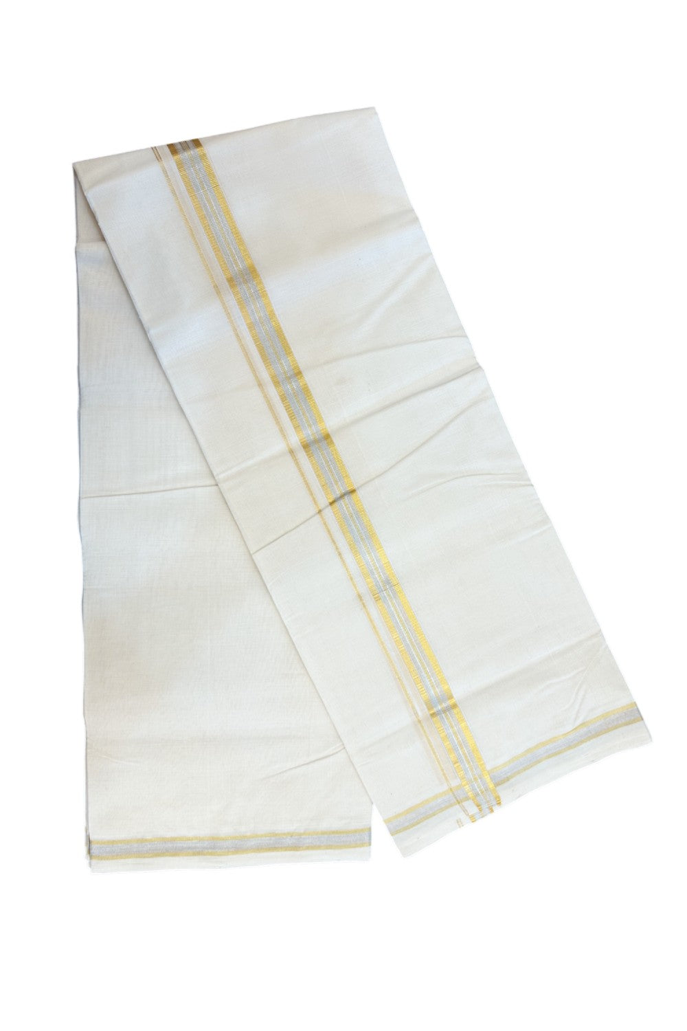 25% DISCOUNT ! KaithariKada HANDLOOM MILLPAAV Balaramapuram - 100% PURE Cotton Off White - (Unbleached) Double Mundu/Dhoti - 80X90 - 1 inch Gold Kasavu & Silver Kasavu Stripes Kara 4 mtr (8.5 muzham)- 13KK5234 RAM