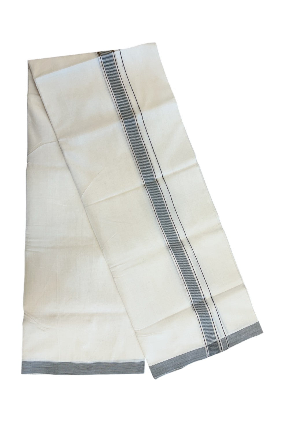 25% Discount!!! KaithariKada HANDLOOM UNAKKUPAAV Balaramapuram - 100% PURE Cotton OFF WHITE (Unbleached) Double Mundu/Dhoti - 80x90 - 1.25 inch Silver kasavu Black & White stripes kara 4 Mtr (8.5 Muzham) - 13KK5235 YAR