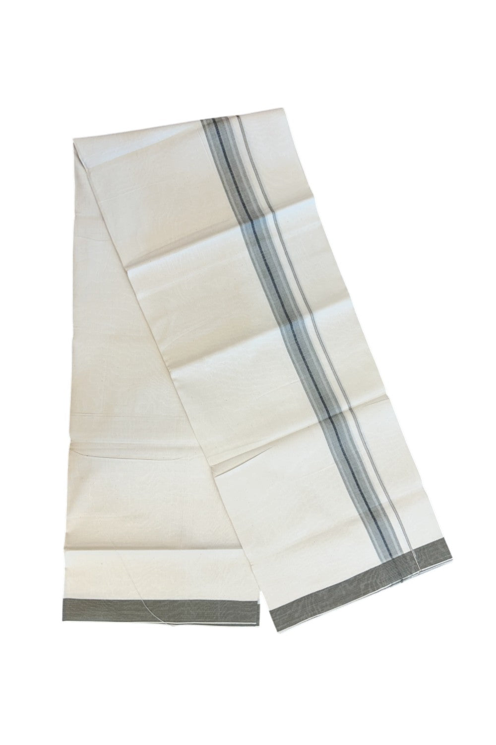24% Discount !! KaithariKada Balaramapuram 100% Cotton OFF WHITE (Unbleached) Single Mundu/Dhoti - Twisted 60s Thread - 1.25 inch Silver kasavu Dark Greyish brown shaded Black striped Kara (2 meter / 4 muzham) - 43KK5241 GL