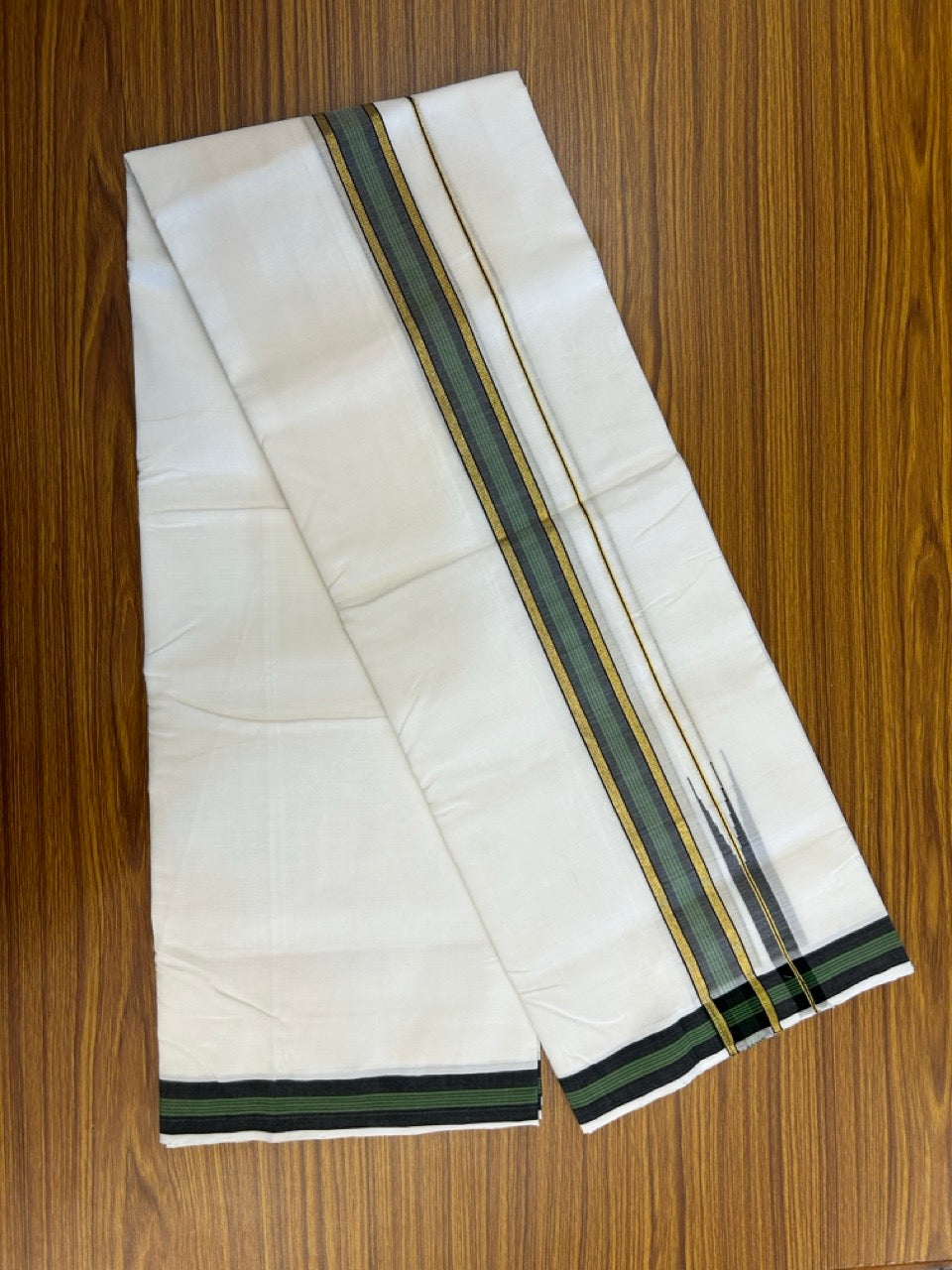 25% Discount!! NEW ULTRA PURE WHITE THREAD HANDLOOM Balaramapuram - 100% MERCERISED Cotton Double Mundu/Dhoti - 120 twisted warp x 80s weft - Green Black Stripes Gold Kasav Chutty Kara- 13KK5248 REA
