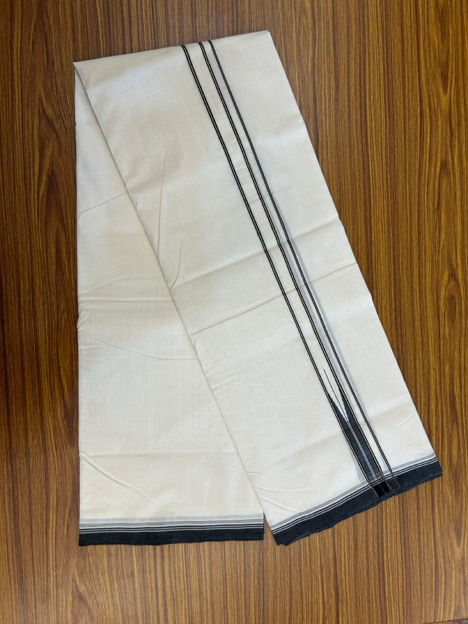 25% DISCOUNT!! KaithariKada HANDLOOM UNAKKUPAAV Balaramapuram - 100% PURE Cotton OFF White - (Unbleached) Double Mundu/Dothi - 100 x 80 - Black White Chutty Kara PURE JERRY - 3.85meter - 13 KK5249 REA