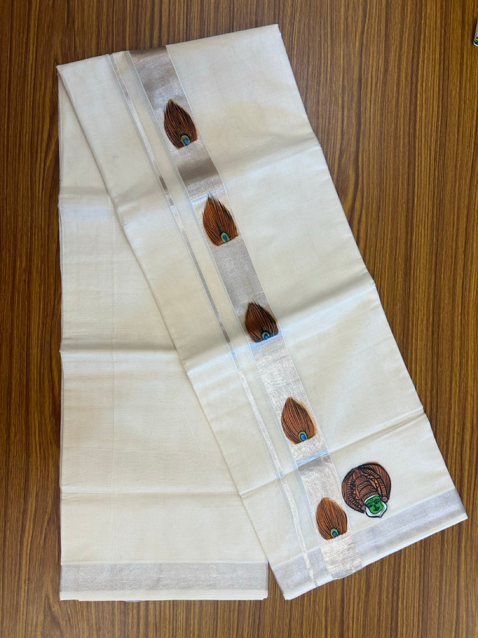 24% Discount! KaithariKada 100% Cotton Double Off white - (Ubleached) Mundu / Dhoti - 100x80 1.5 inch Silver Kasavu & Hand Painted Kathakali Peacock - 13 KK5259 CKS