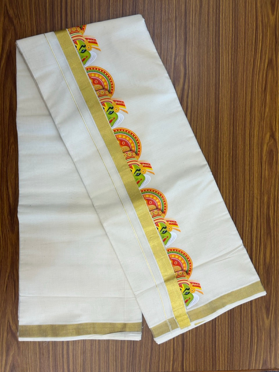 25% Discount!! KaithariKada Balaramapuram Mixed Cotton Double Off white - (Ubleached) Mundu/Dhoti - 80x72 - 1 inch Kasavu & Kathakali Printed Design Kara - 13 KK5262 MUT
