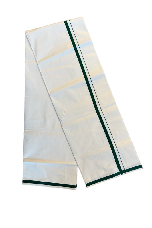 10% DISCOUNT ! KaithariKada Balaramapuram 100%  Cotton Single Off white Mundu/Dhoti-(60S)- 0.5 inch DARK GREEN Kara-13KK76MC.
