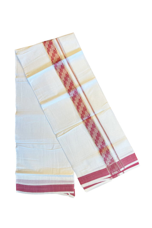 20% DISCOUNT! KaithariKada Balaramapuram 100% Cotton Double PURE white Mundu/Dhoti-100x100  Silver kasavu dark pink pattern Kara  - 13KK79PMC