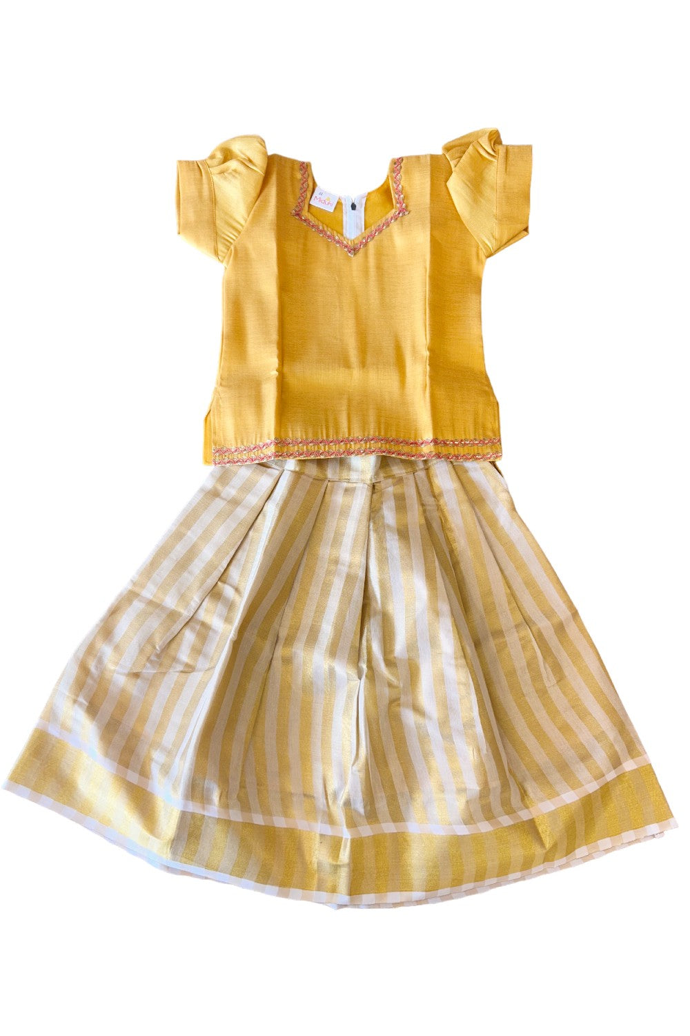 Midukki-Traditional South Indian Kids Pattu Pavada- Yellow tissue top stripped tissue skirt- Age 5 - KK5MID0013