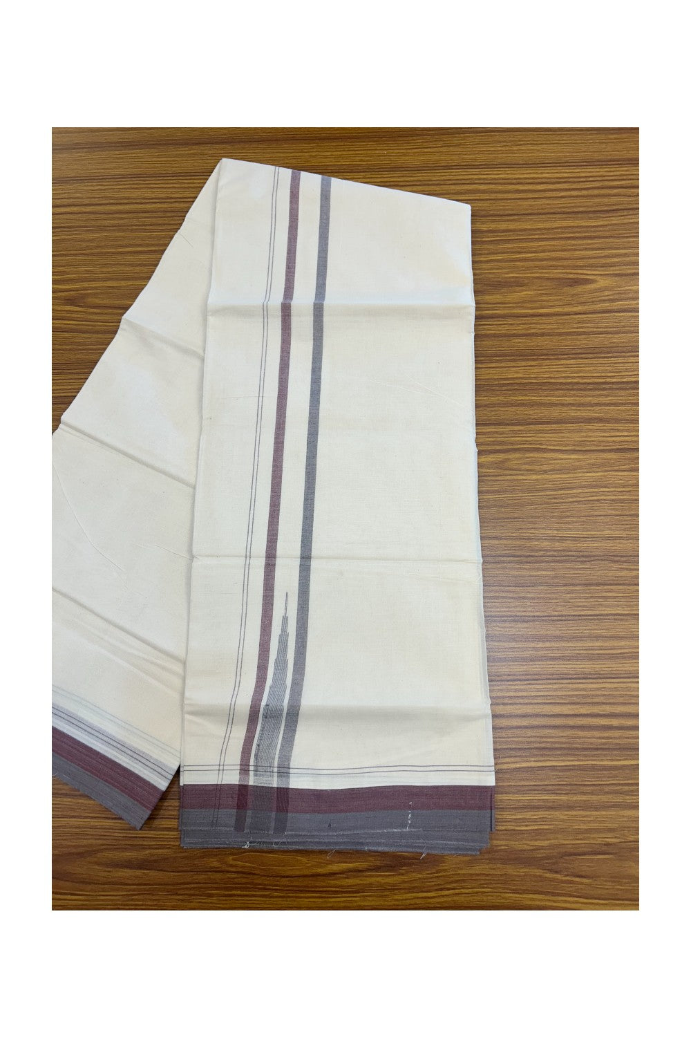 20% Discount!!! KaithariKada Balaramapuram Double OFF WHITE - (Unbleached) Mundu/Dhoti - 100x80 - 1.75 inch Purple Ash & Grape Vine Shaded Puliyilakkara Striped Chutty - 13KK5213 VIN