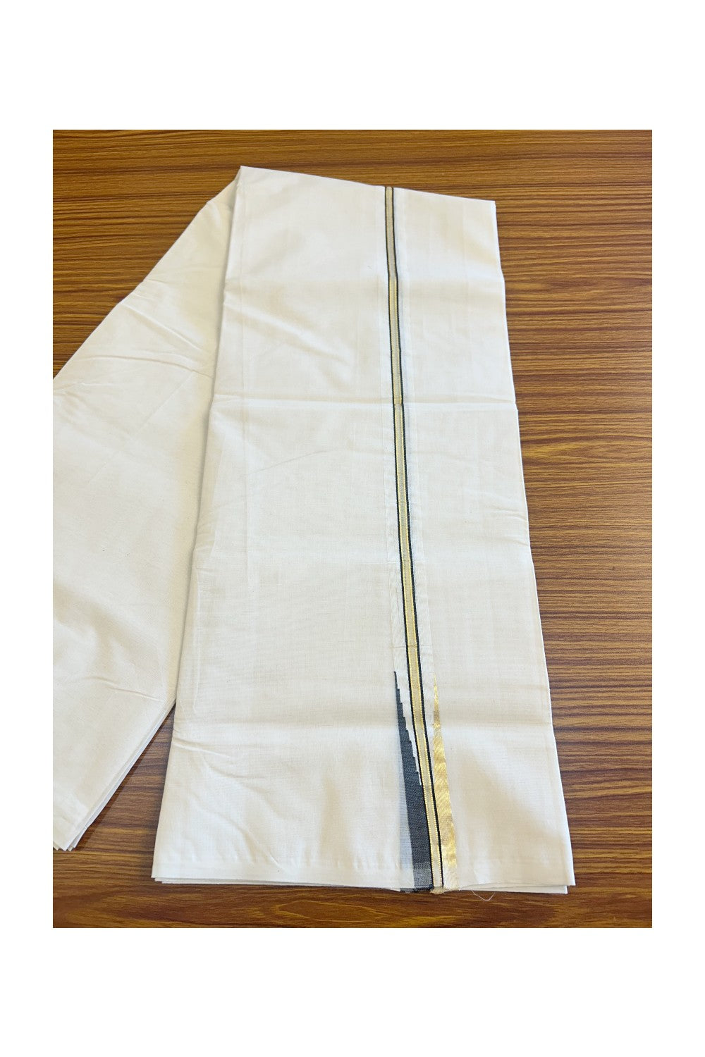 21% DISCOUNT! KaithariKada Balaramapuram 100% Cotton Double Off white - (Unbleached) Mundu/Dhoti-100x100 KASAVU & BLACK Chutty Puliyilakkara - 13KK136ASH