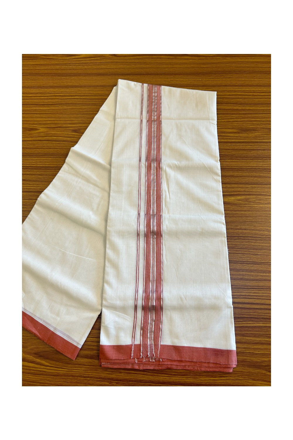 30% Discount!!! KaithariKada HANDLOOM UNAKKUPAAV Balaramapuram - 100% PURE Cotton off white (Unbleached) Double Mundu/Dhoti - 2 inch Brick red & silver kasavu pattern kara - 13KK458SOM