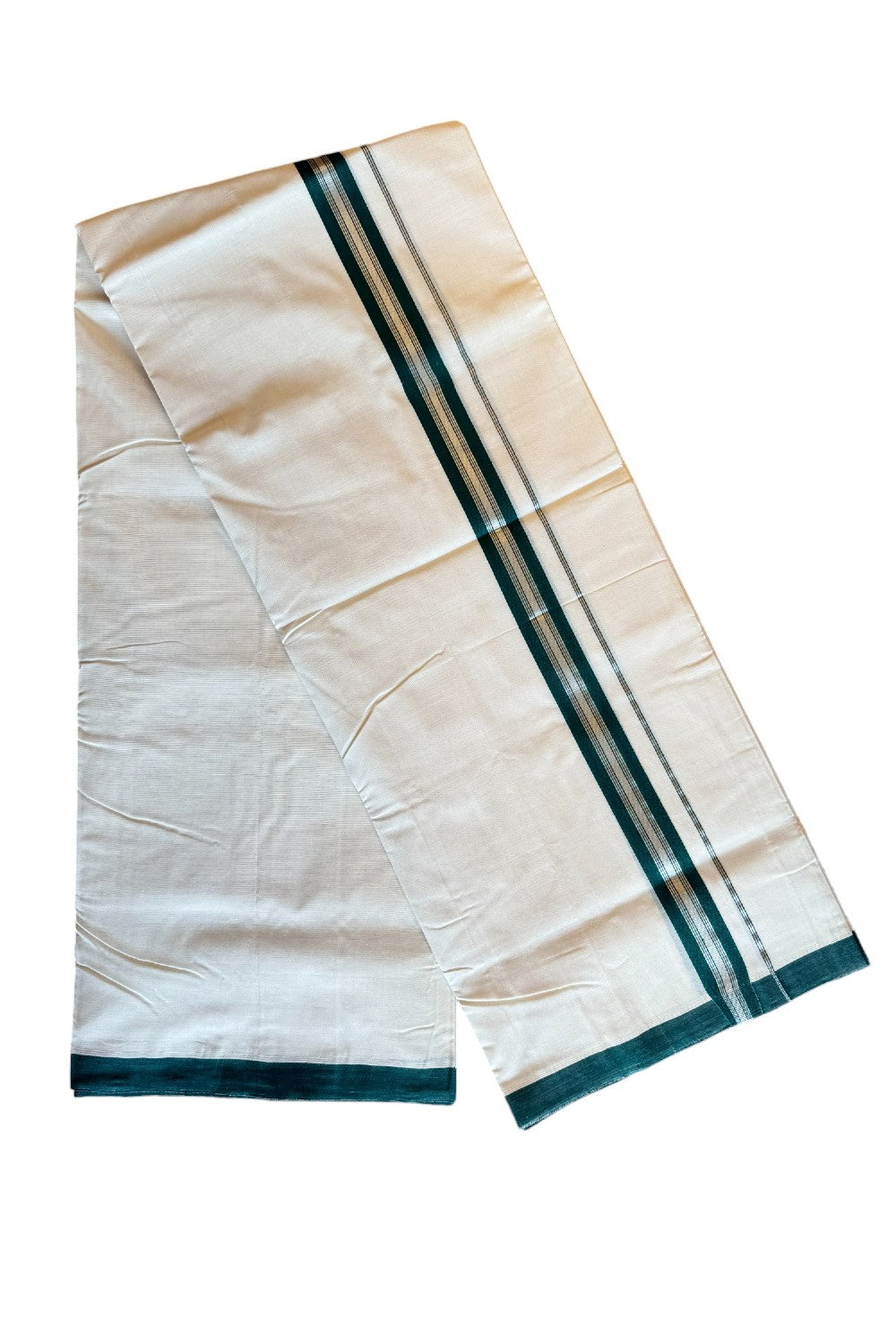 25% DISCOUNT!! KaithariKada HANDLOOM UNAKKUPAAV Balaramapuram - 100% PURE Cotton OFF White - (Unbleached) Double Mundu/Dothi - 2 inch Green Silver Kasavu Katti Kara 4.5 Meters (10 Muzham) - 13KK494SOM