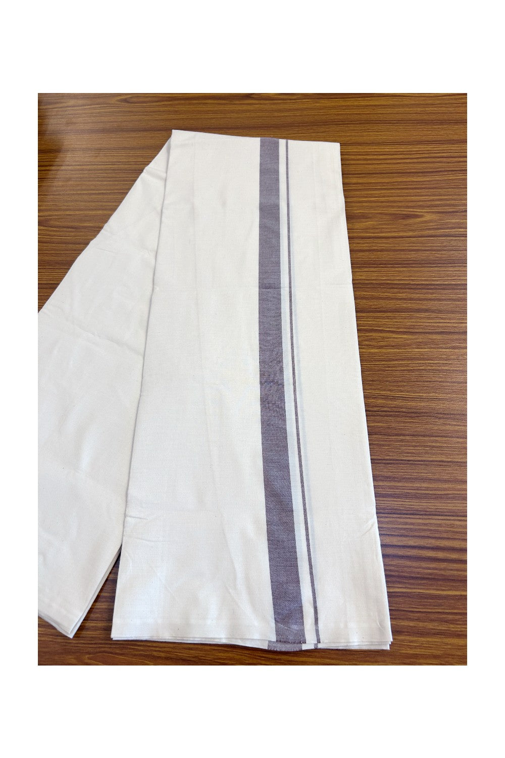 14% DISCOUNT ! KaithariKada Balaramapuram 100% COTTON SINGLE OFF WHITE - (Unbleached) Mundu/Dhoti-Twisted 100s Thread- 1.5 inch Brown Kara (2 meter / 4 muzham) - 13KK497ASH