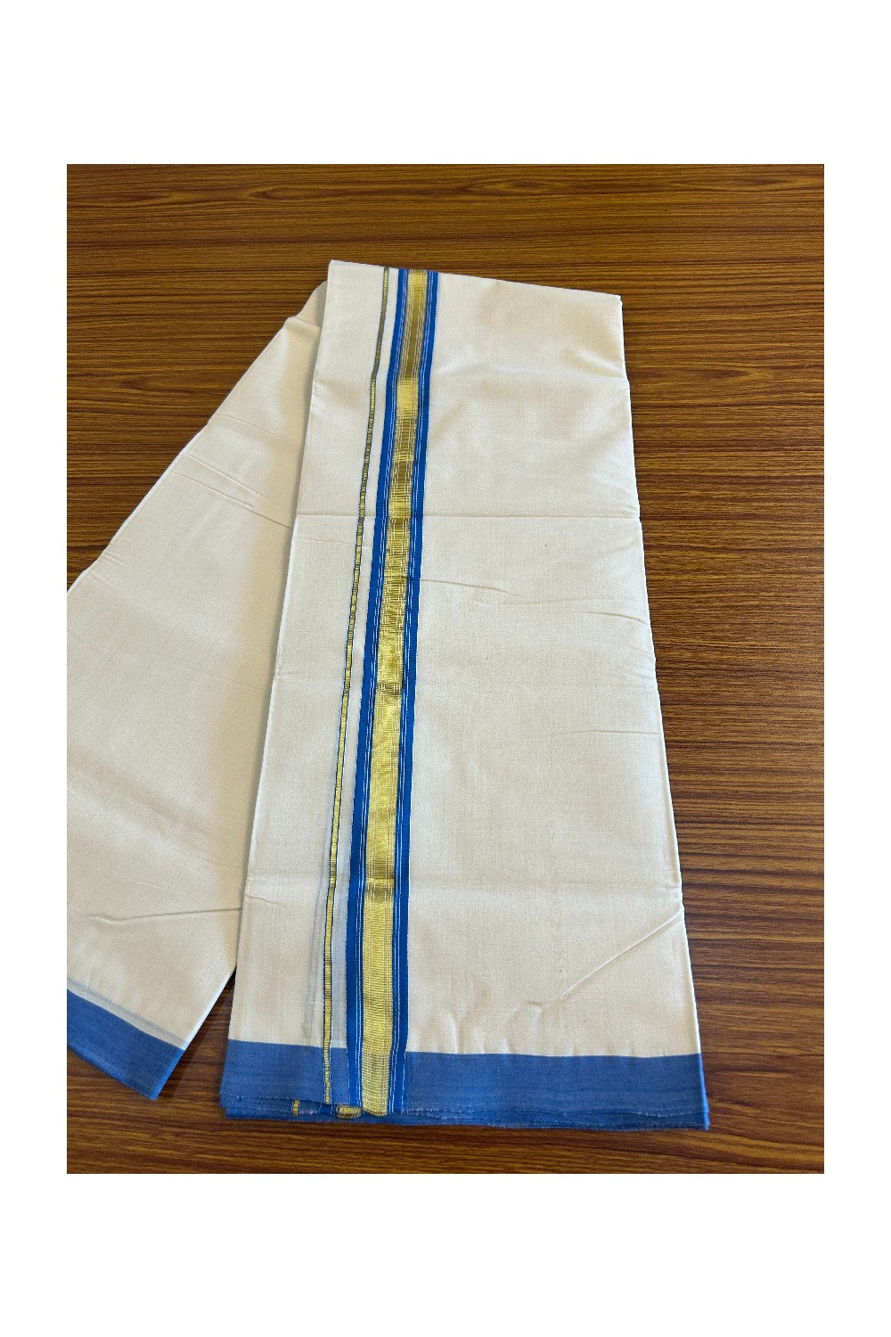 25% Discount KaithariKada Balaramapuram Handloom 100% Cotton Double Off white - (Unbleached) Mundu/Dhoti-100X100- 2 inch Gold Kasavu & Blue Kara.- 13KK498KK