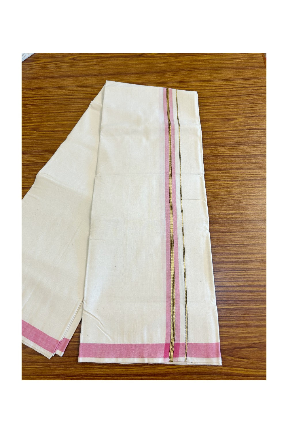 25% Discount KaithariKada 100% Cotton Balaramapuram HANDLOOM Single Mundu/Dhoti - Off White - (Unbleached) 1.5 inch Kasavu & Pink Striped Kara (2 meter / 4 muzham) - 13KK499KK