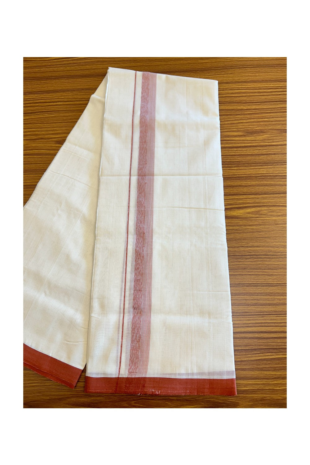 30% Discount KaithariKada HANDLOOM UNAKKUPAAV Balaramapuram - 100% PURE Cotton off White (Unbleached) Double Mundu/Dhoti - 2 inch Brick red Shaded stripes kara - 114