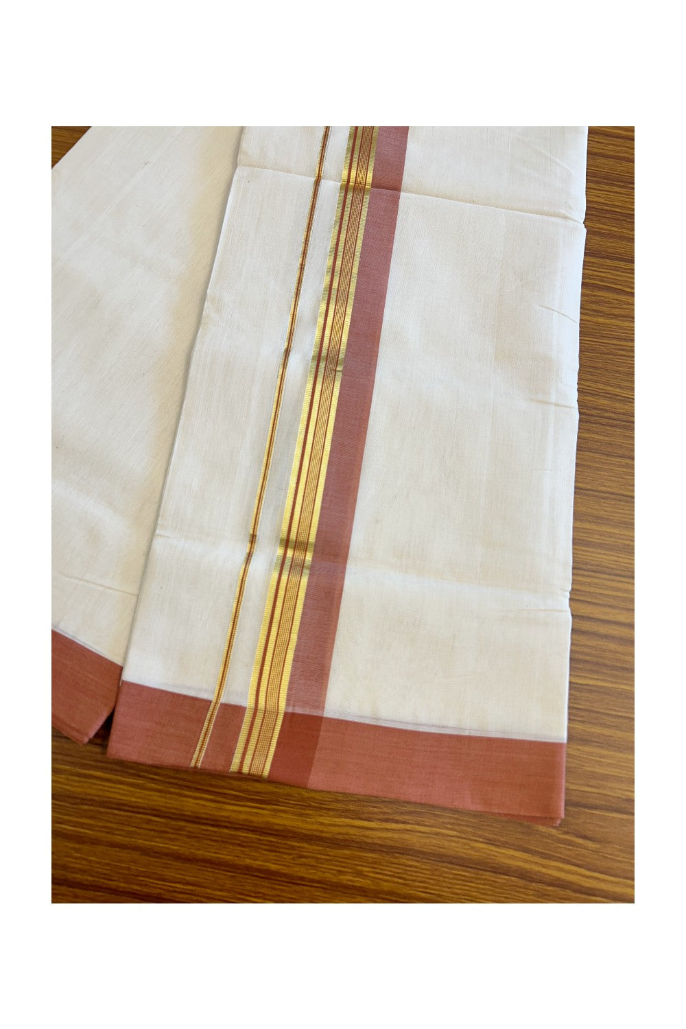30% Discount KaithariKada HANDLOOM Unakkupaav Balaramapuram - 100% PURE Cotton Off White (Unbleached) Double Mundu/Dhoti - 2.5 inch Kasavu & Brick Red Kara-218