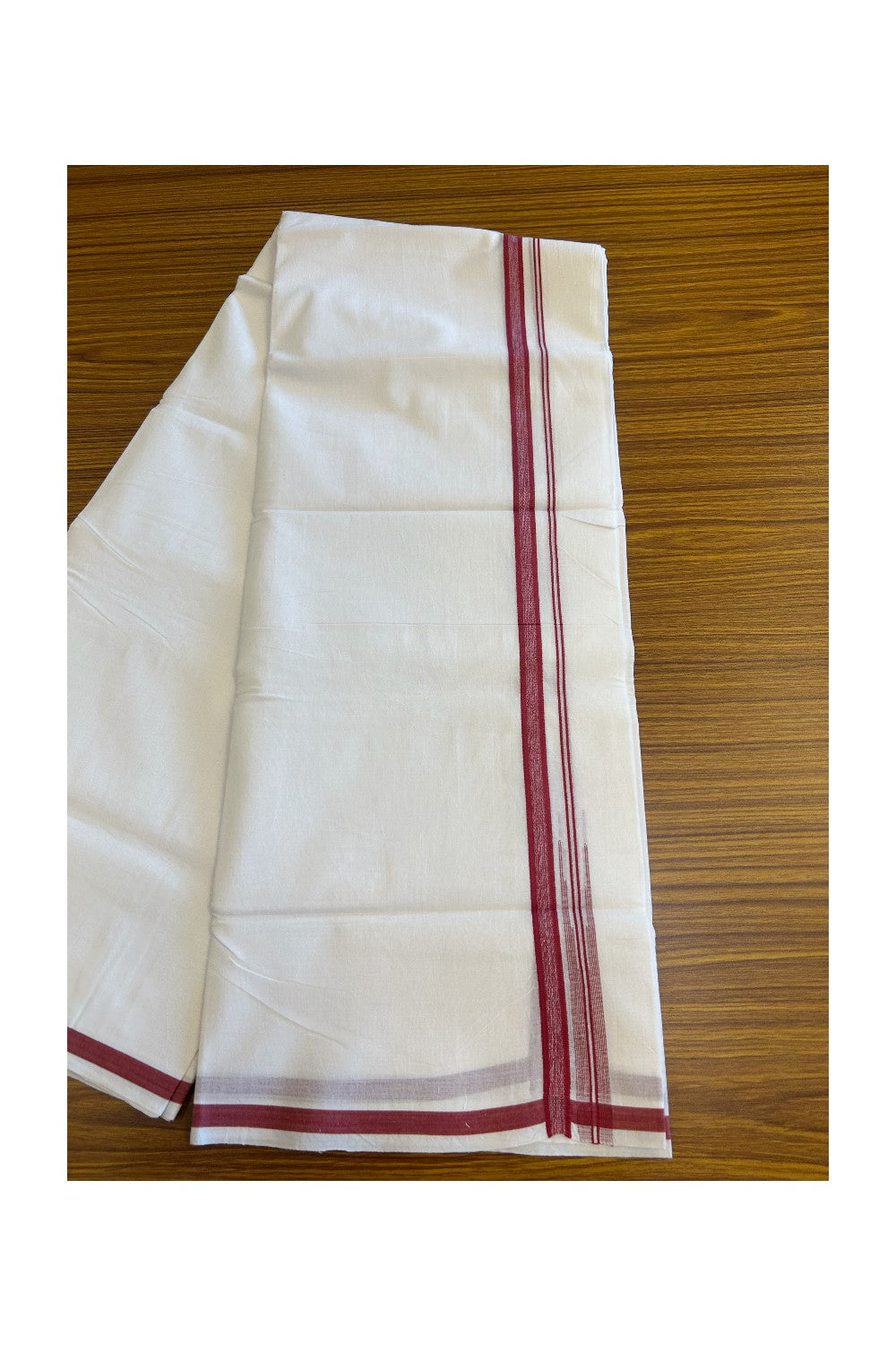 18% DISCOUNT! KaithariKada Balaramapuram 100% Cotton PURE WHITE Double Mundu/Dhoti-100x92 1.5cm Puliyilakkara Chutty Shaded Magenta Kara-114