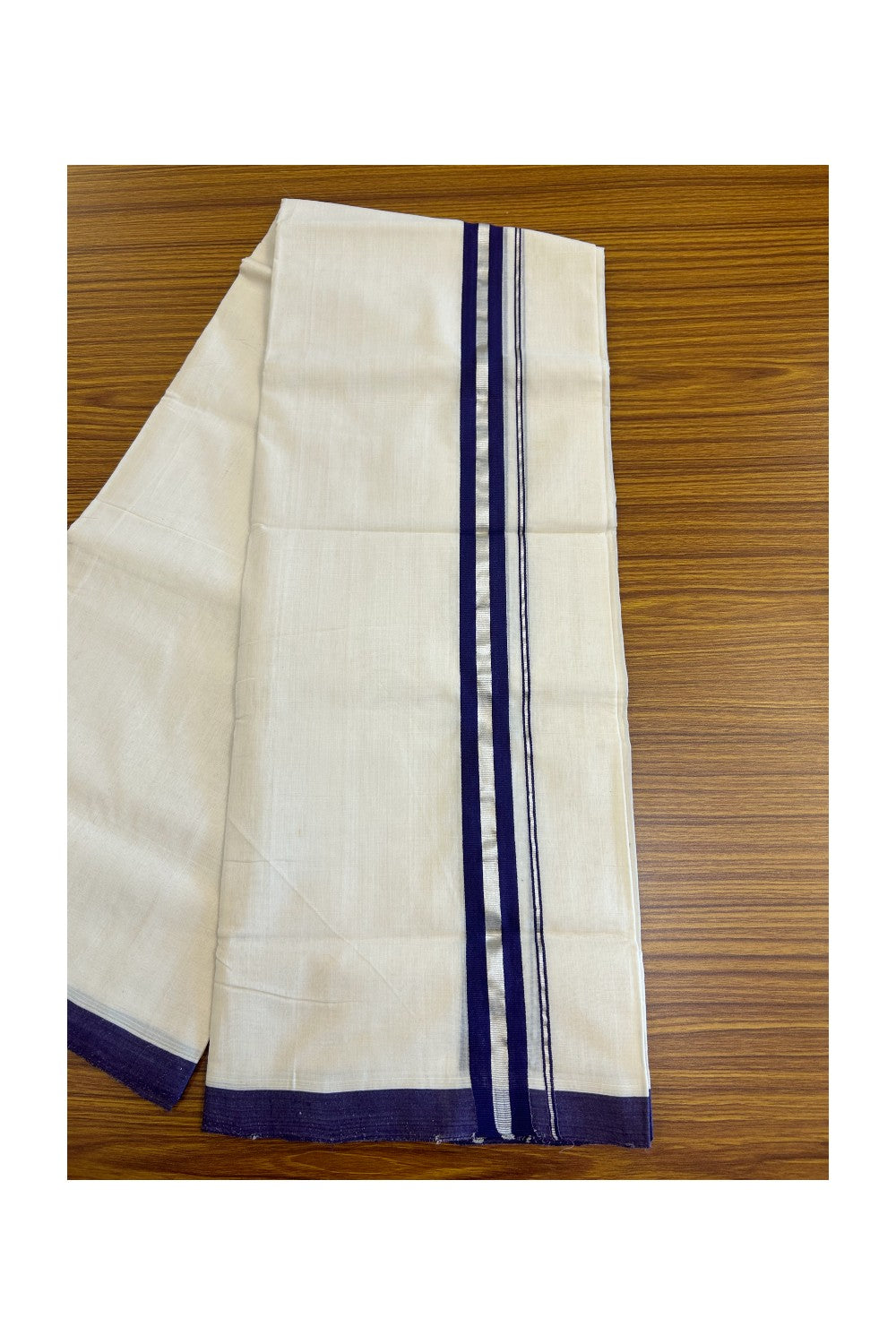 25% DISCOUNT! KaithariKada BALARAMAPURAM HANDLOOM UNAKKUPAAV - 100% PURE Cotton off white (Unbleached) Double Mundu/Dhoti - 1.75 inch Silver Kasavu & Violet+Blue Stripes Kara-67