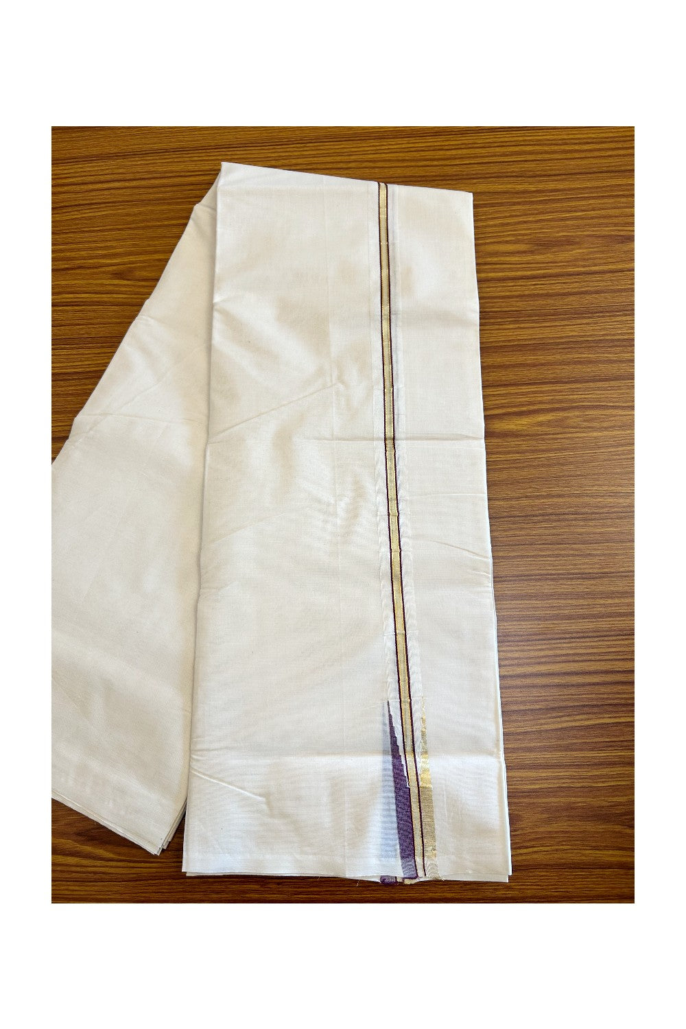 21% DISCOUNT! KaithariKada Balaramapuram 100% Cotton Double Off white - (Unbleached) Mundu/Dhoti-100x100 KASAVU & DARK PURPLE Chutty Puliyilakkara - 3KK136ASH