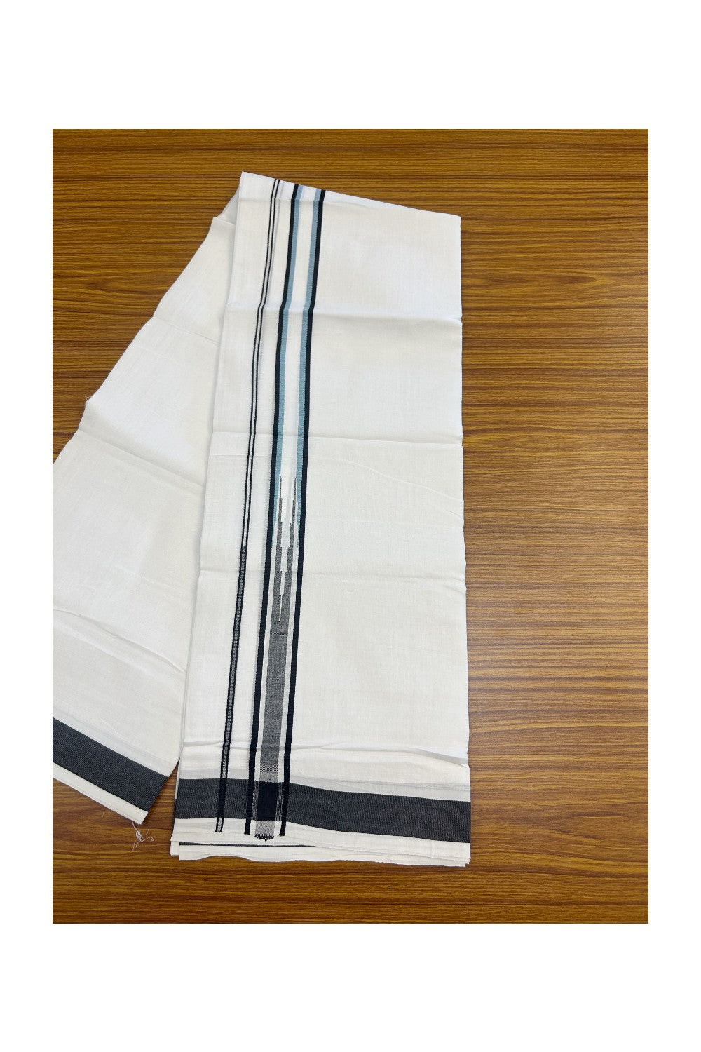 25% DISCOUNT! KaithariKada Balaramapuram 100% Mercerised Cotton Double ULTRA PURE white Mundu/Dhoti - 120x120 - 1 inch Heavy Chutty Black & Light Blue Green Shaded Kara -13KK5139THI