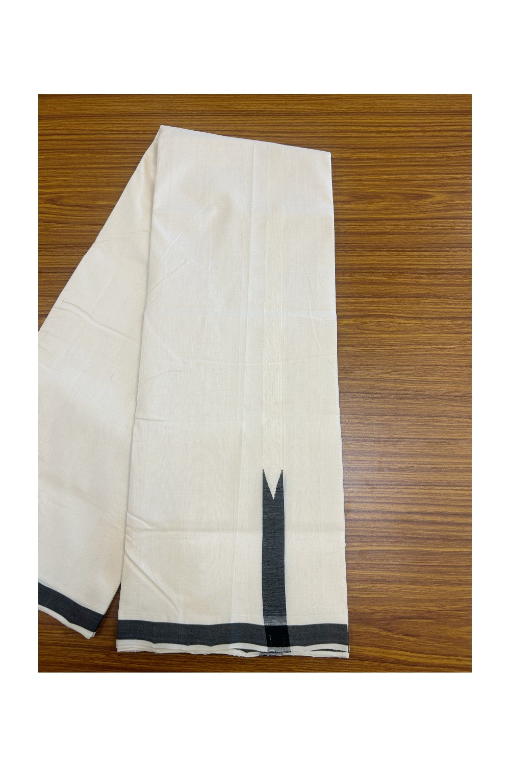 25% DISCOUNT!! KaithariKada HANDLOOM UNAKKUPAAV Balaramapuram - 100% PURE Cotton OFF White - (Unbleached) Double Mundu/Dothi - 120(Twisted) x 100 - 1 inch Black Puliyilakkara chutty 3.80 meter (8.5 Muzham) - 22KK5167REA